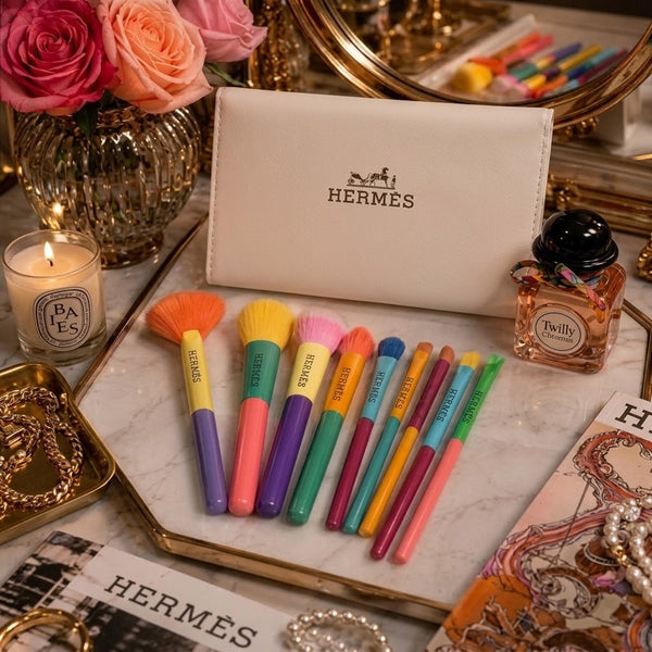 Hermès Makeup Brush Set 10 Pieces with Pouch | مجموعة فرش مكياج هيرميس 10 قطع مع حقيبة